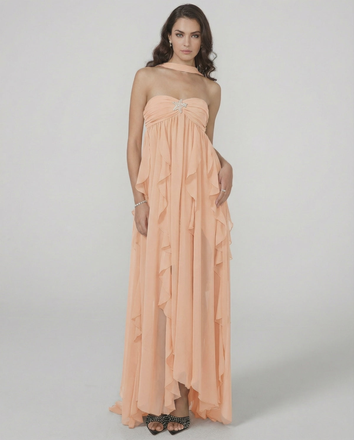 Peachira Maxi Dress by Lauven - Elegant strapless ankle-length gown with ruffles, showcasing a flowing silhouette.