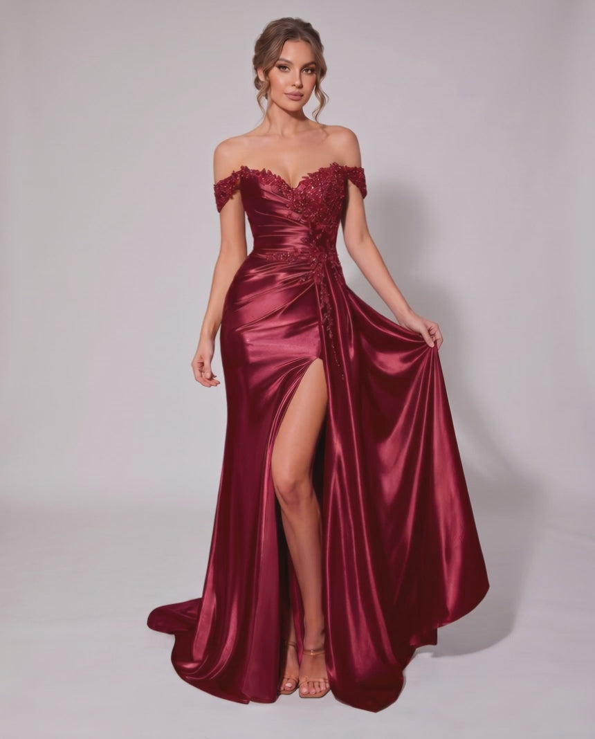 Veloura Maxi Dress by Lauven — satin off-shoulder sweetheart mermaid maxi dress