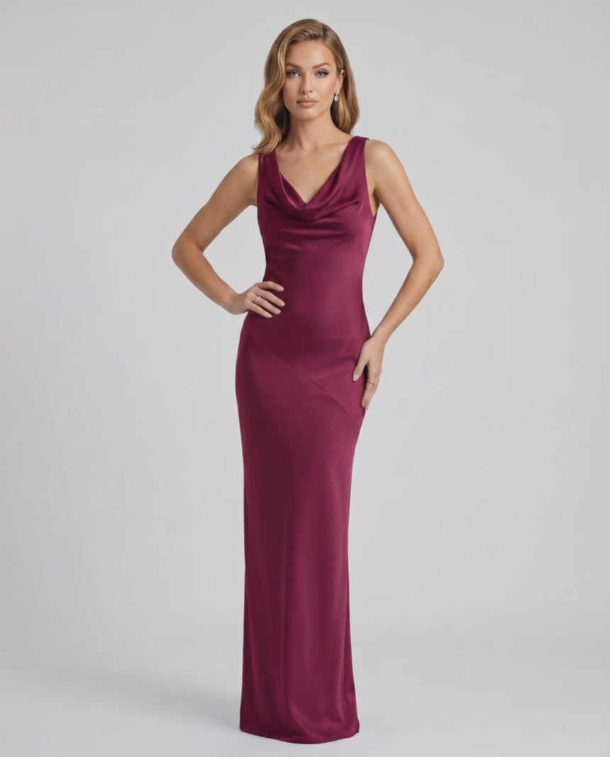 Seralyn Maxi Dress by Lauven — satin sleeveless cowl neck slim maxi dress