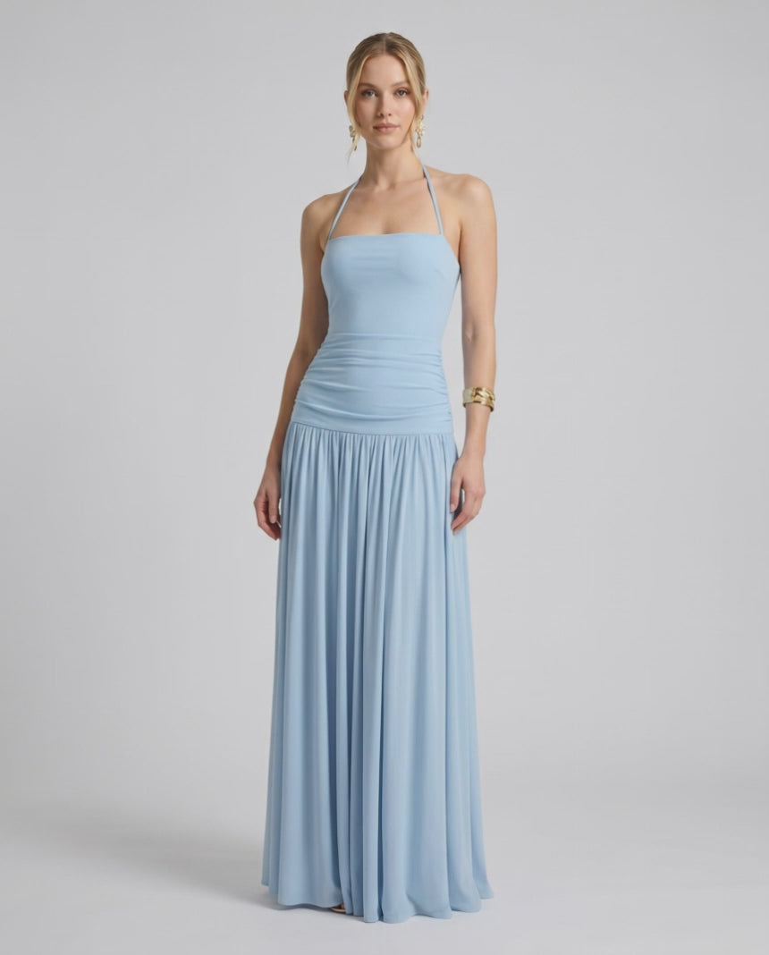 Elara Maxi Dress in light blue, featuring stretchy jersey, halter neck, and a fluid silhouette for effortless elegance by Lauven.