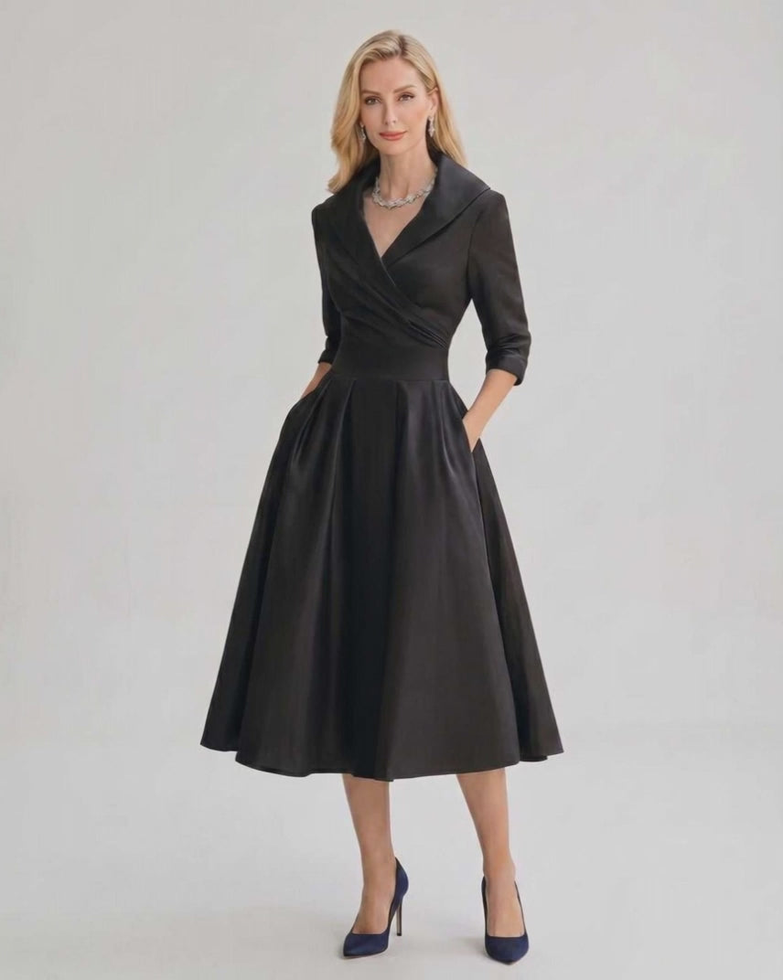Serelune Midi Dress by Lauven — satin blend 3/4 sleeve V-neck A-line midi dress