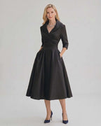 Serelune Midi Dress by Lauven — satin blend 3/4 sleeve V-neck A-line midi dress