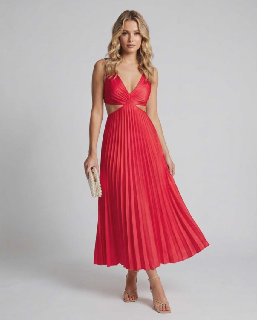 Lunara Midi Dress by Lauven — satin sleeveless V-neck flowing pleated midi dress