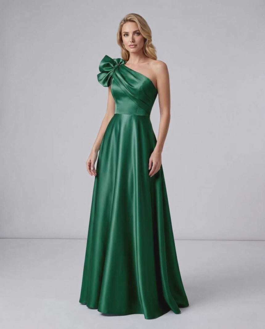 Aurevina Maxi Dress by Lauven — satin one shoulder A-line maxi dress with ruffle detail