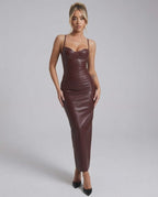 Monaco Midi Dress by Lauven in brown faux leather, bodycon silhouette enhancing curves for a bold, fashion-forward look.