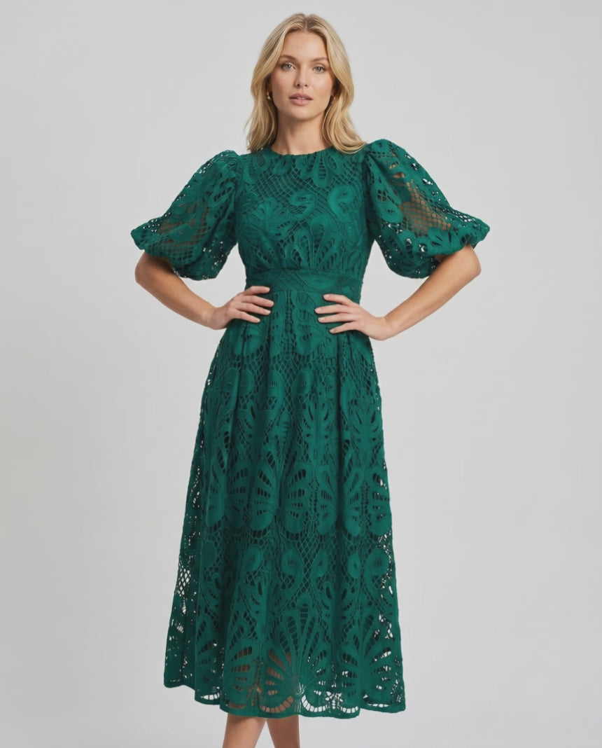 Valmere Midi Dress by Lauven — lace bubble sleeve round neck A-line midi dress