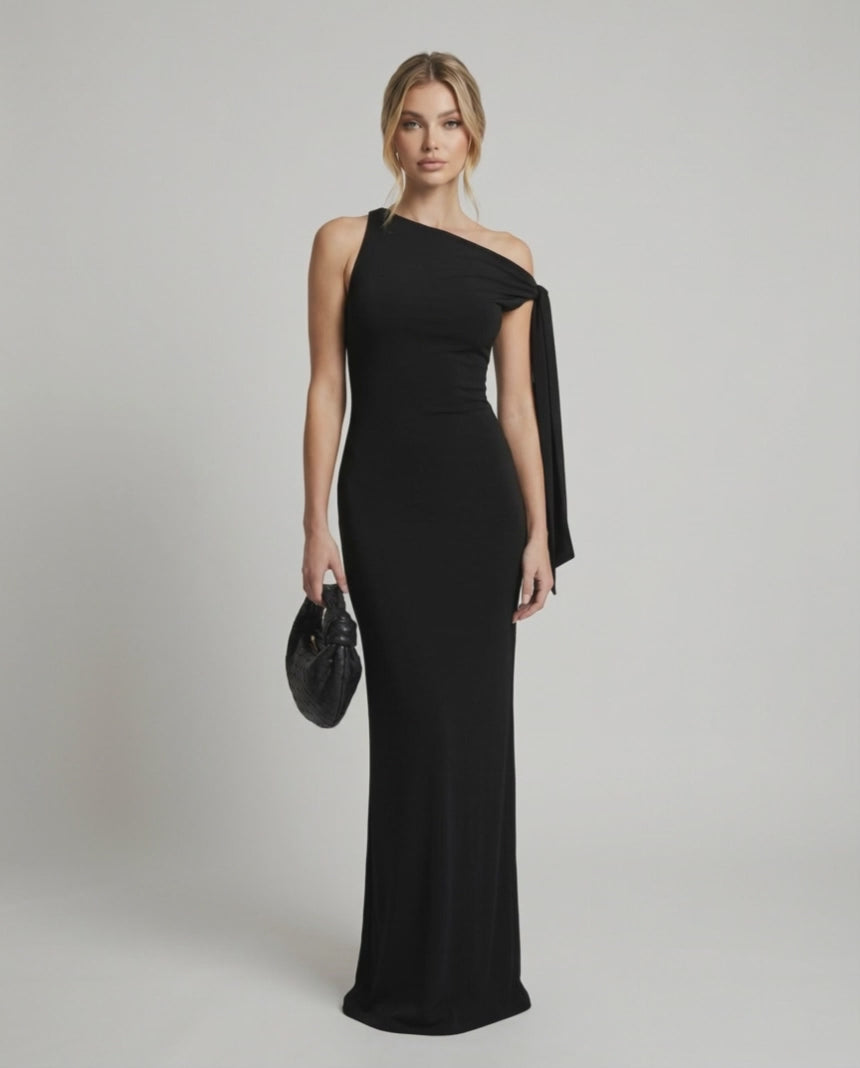 Sienna Maxi Dress – Black one shoulder silhouette, sleek evening style by Lauven, elegant and refined look.