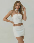Valencia Top by Lauven – White strapless tank top with floral applique and choker tie detail.