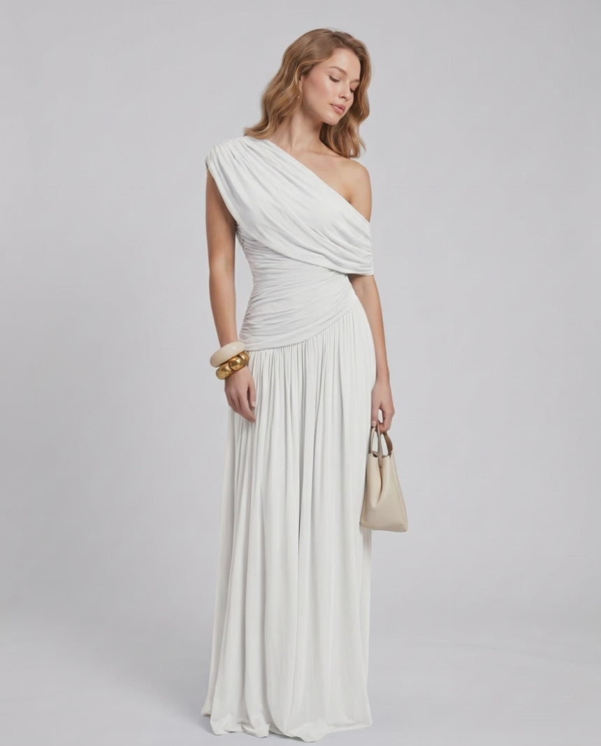 Veloura Maxi Dress by Lauven — stretch jersey sleeveless one-shoulder draped maxi dress