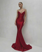 Sienna Maxi Dress - Luxurious red satin dress with lace-up back and V-neck silhouette by Lauven.