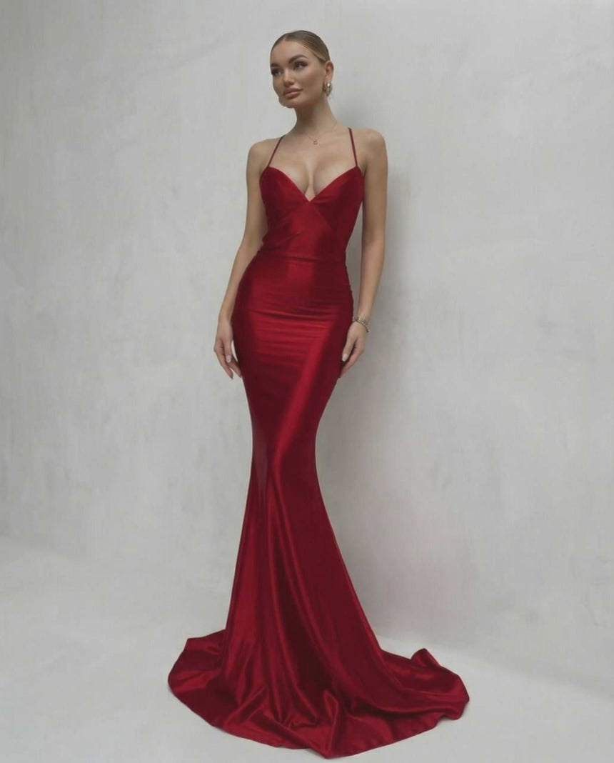 Sienna Maxi Dress - Luxurious red satin dress with lace-up back and V-neck silhouette by Lauven.