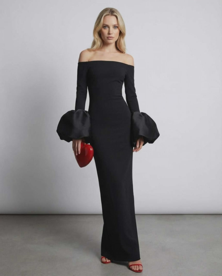 Sienna Maxi Dress featuring dramatic puff sleeves and off-the-shoulder neckline, designed by Lauven.