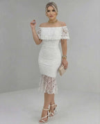Lauven Celeste Midi Dress featuring off-the-shoulder lace elegance perfect for bridal showers or special occasions.