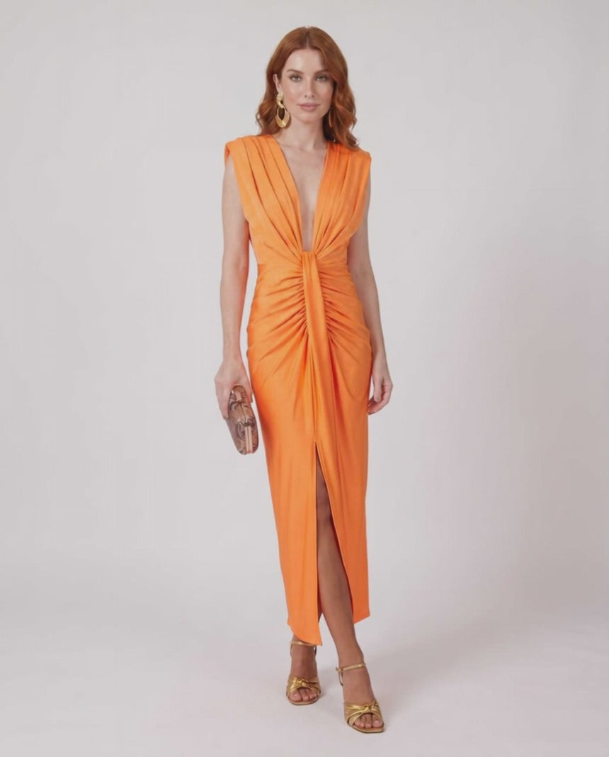 Aurelle Maxi Dress by Lauven — lightweight sleeveless deep v neck fitted maxi dress with pleats and slit