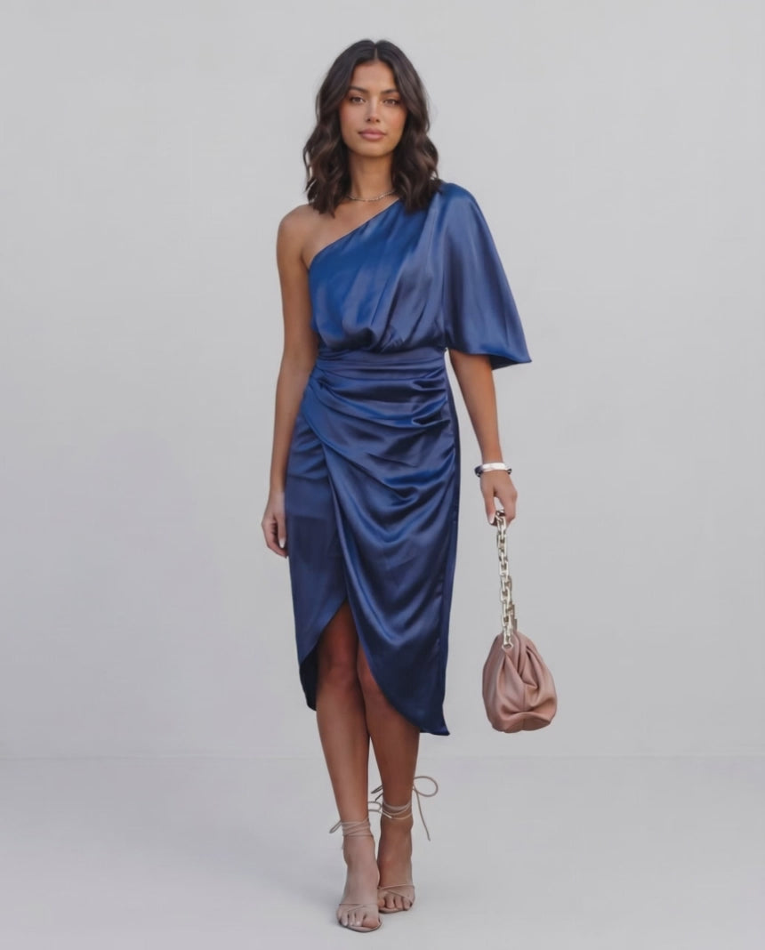 Veloura Midi Dress by Lauven — satin one shoulder draped midi dress with slit