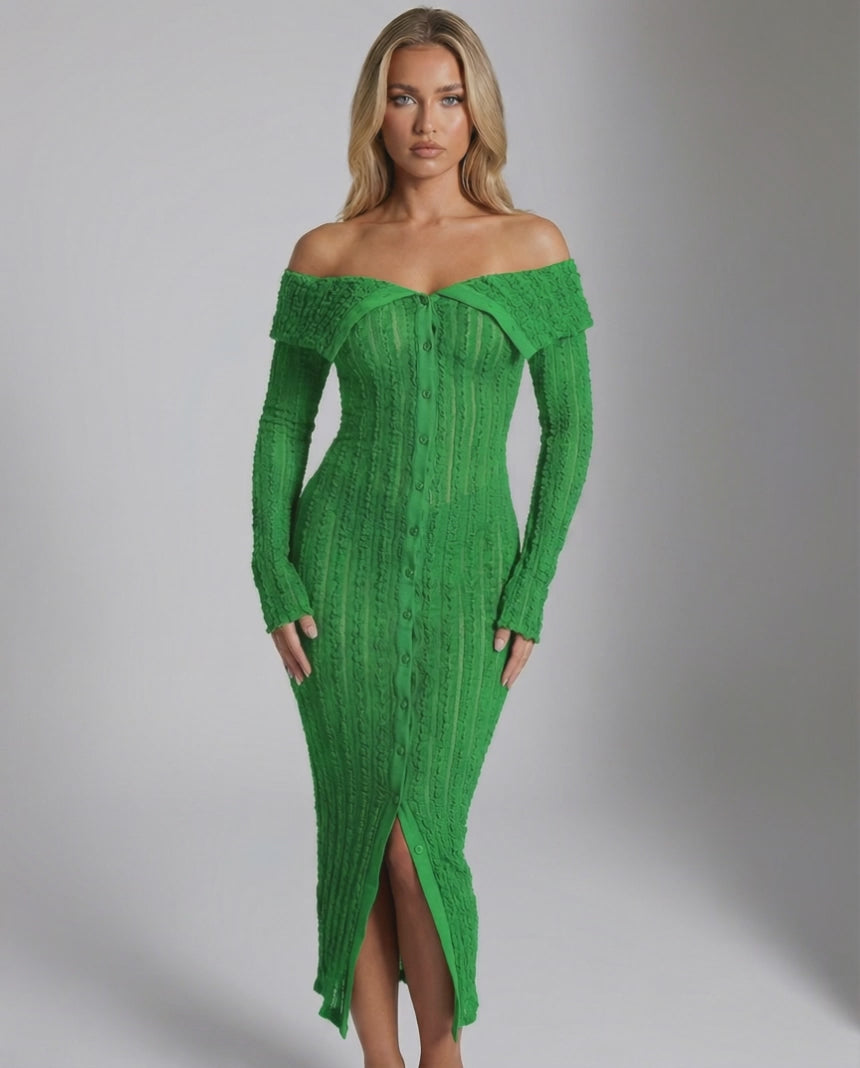 Elaris Midi Dress – Green off shoulder bodycon dress by Lauven, featuring button front and long sleeves for a stylish silhouette.