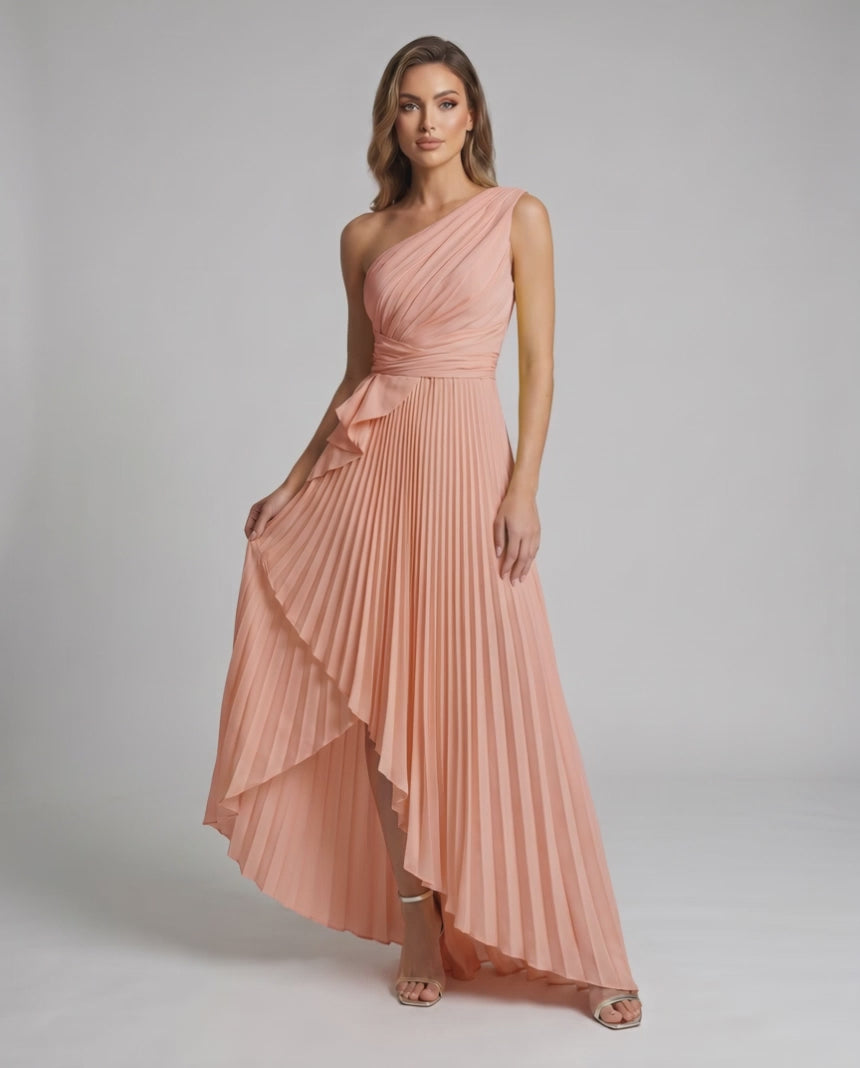 Aureline Maxi Dress by Lauven — pleated satin one shoulder A-line maxi dress with ruffle slit