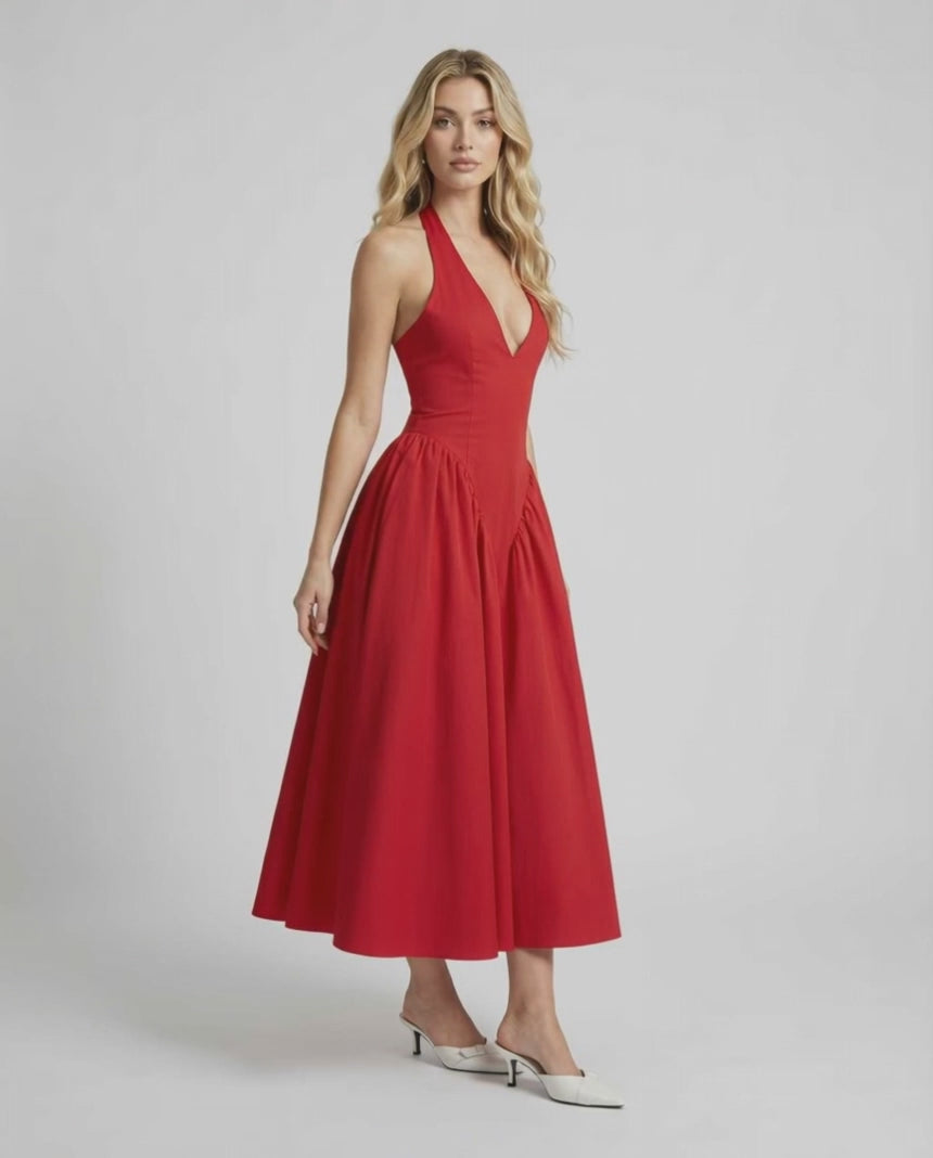 Soleil Midi Dress in red, featuring halter neck, backless design, and a polished silhouette by Lauven for special occasions.