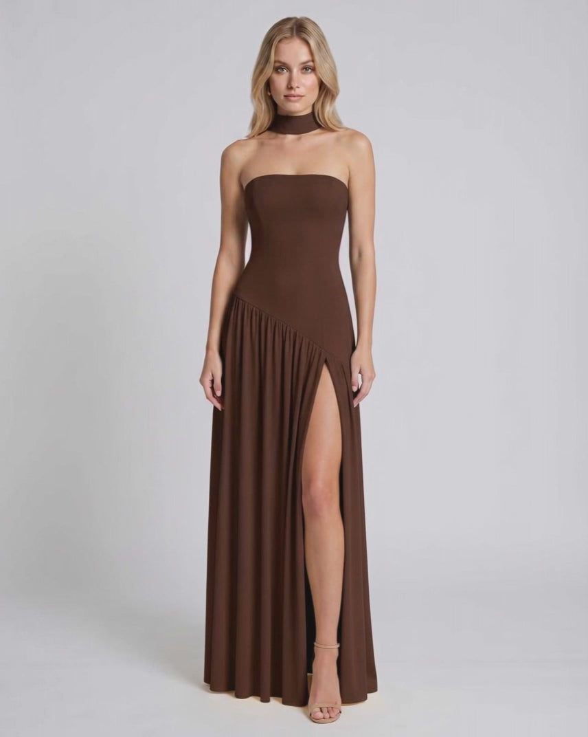 Solenne Maxi Dress by Lauven — stretch knit sleeveless strapless asymmetric maxi dress