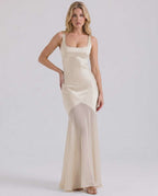 Lunelle Maxi Dress by Lauven — polyester square neck sleeveless slip maxi dress with satin chiffon detail