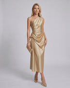 Seraphine Midi Dress by Lauven — satin sleeveless one-shoulder draped sheath midi dress