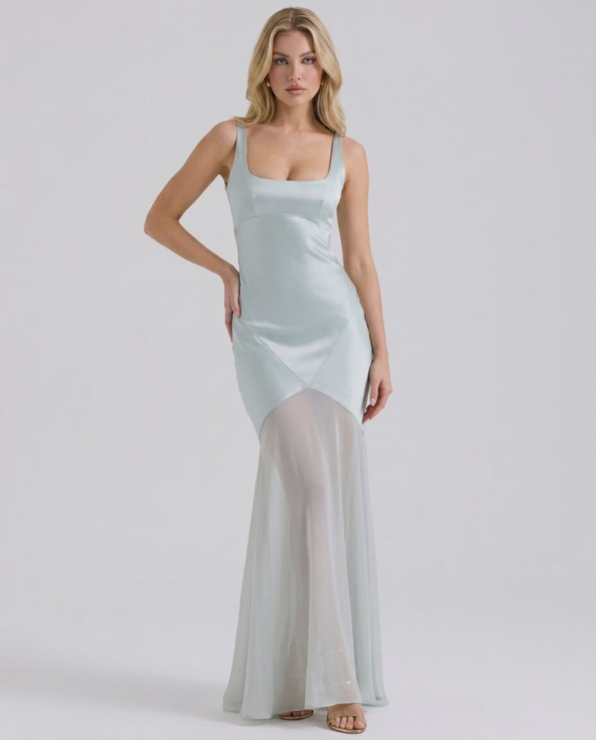 Lunelle Maxi Dress by Lauven — polyester square neck sleeveless slip maxi dress with satin chiffon detail