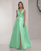 Verdelle Maxi Dress by Lauven, satin mint green A-line dress with V-neck, bow detail, perfect for elegant occasions.