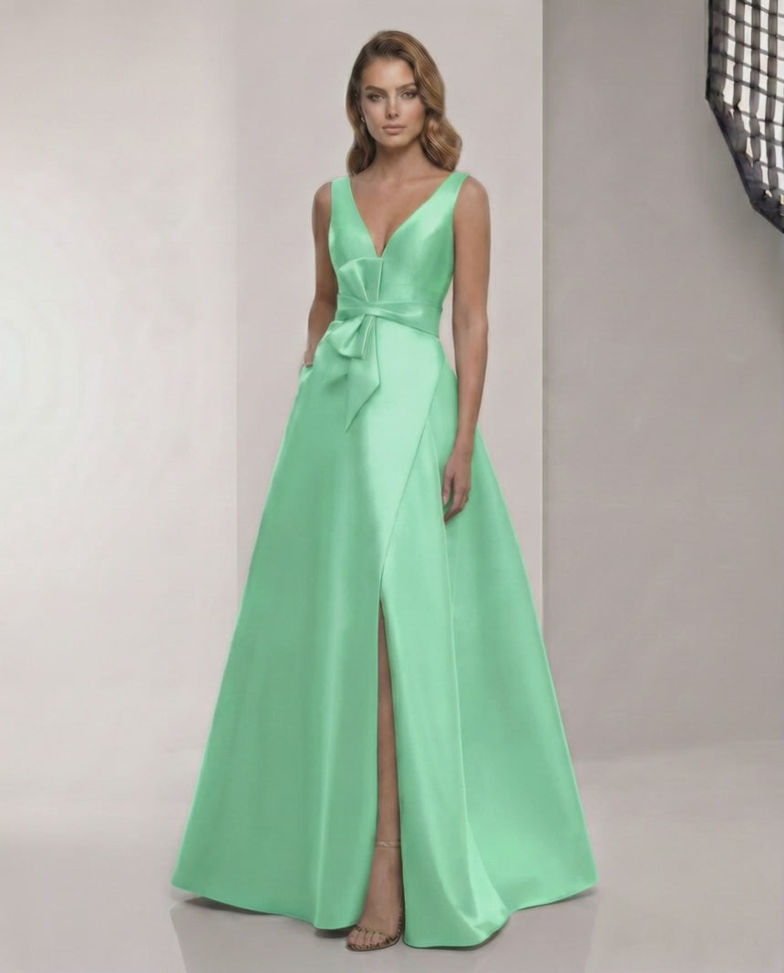Verdelle Maxi Dress by Lauven, satin mint green A-line dress with V-neck, bow detail, perfect for elegant occasions.