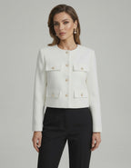 Liora Jacket by Lauven, elegant white wool blend with gold buttons, tailored for modern women.
