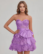 Veloura Mini Dress by Lauven — lace appliqué strapless sweetheart tiered mini dress
