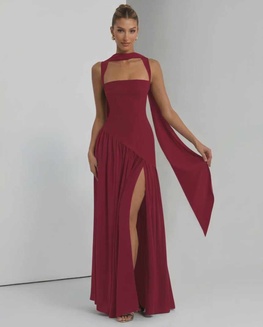 Seralune Maxi Dress by Lauven — stretch crepe sleeveless square neck fitted maxi dress