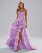 Celestia Maxi Dress by Lauven — organza strapless corset tiered maxi dress