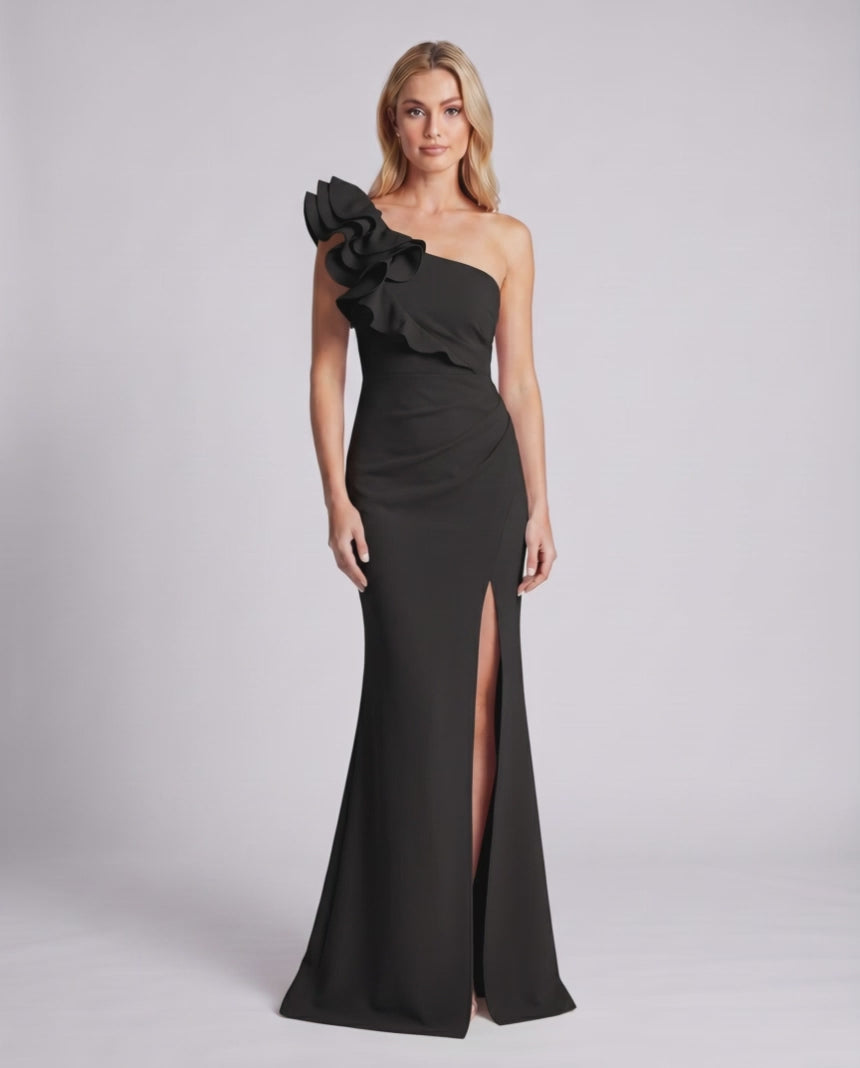 Aurelium Maxi Dress featuring smooth stretch fabric, one-shoulder design, and sculptural detailing by Lauven.