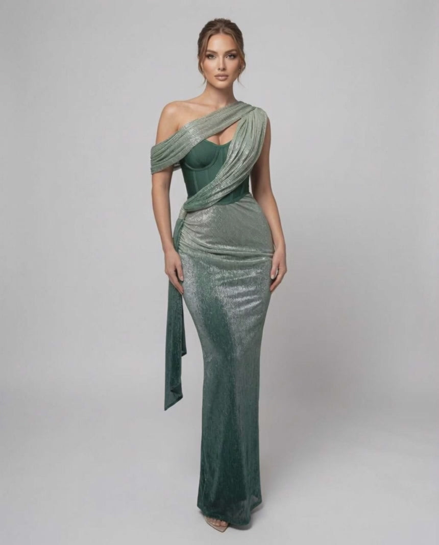 Virella Maxi Dress - Green draped maxi with bustier detail, embellished fabric and modern elegance by Lauven.