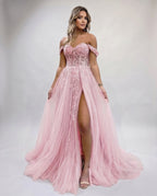 Celestia Maxi Dress by Lauven — tulle lace off-shoulder sweetheart A-line maxi dress