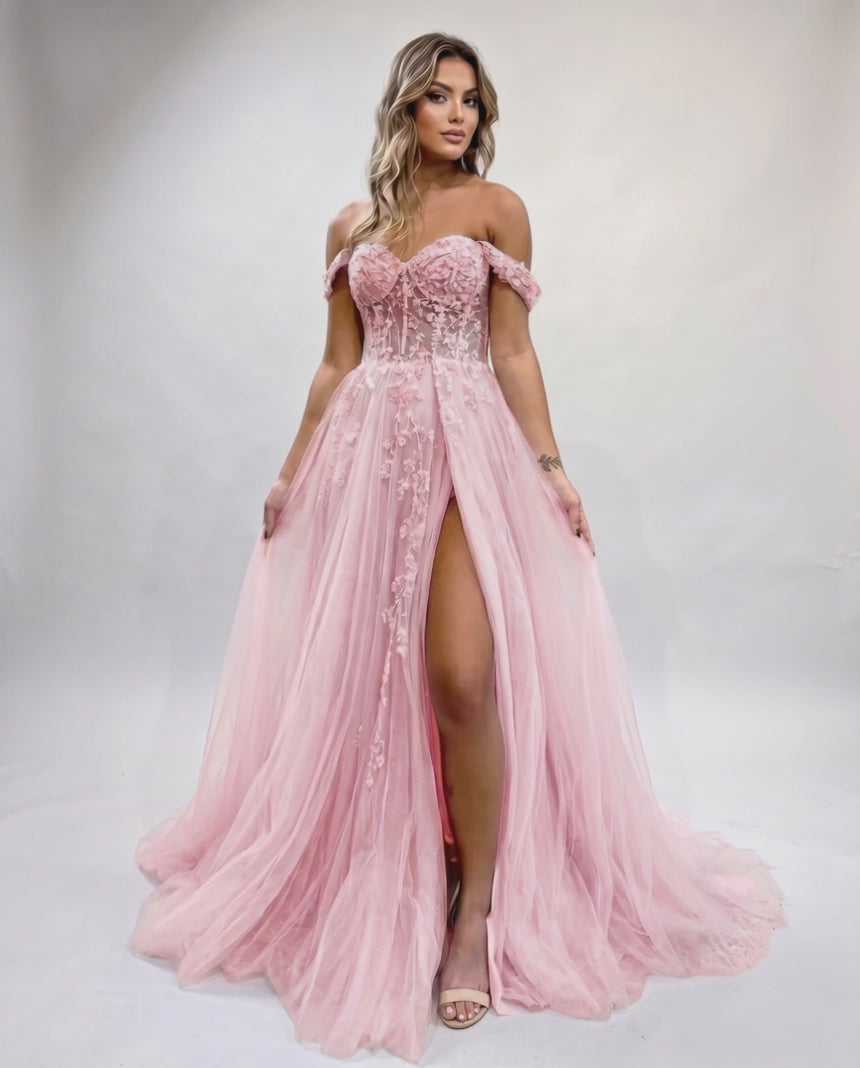 Celestia Maxi Dress by Lauven — tulle lace off-shoulder sweetheart A-line maxi dress