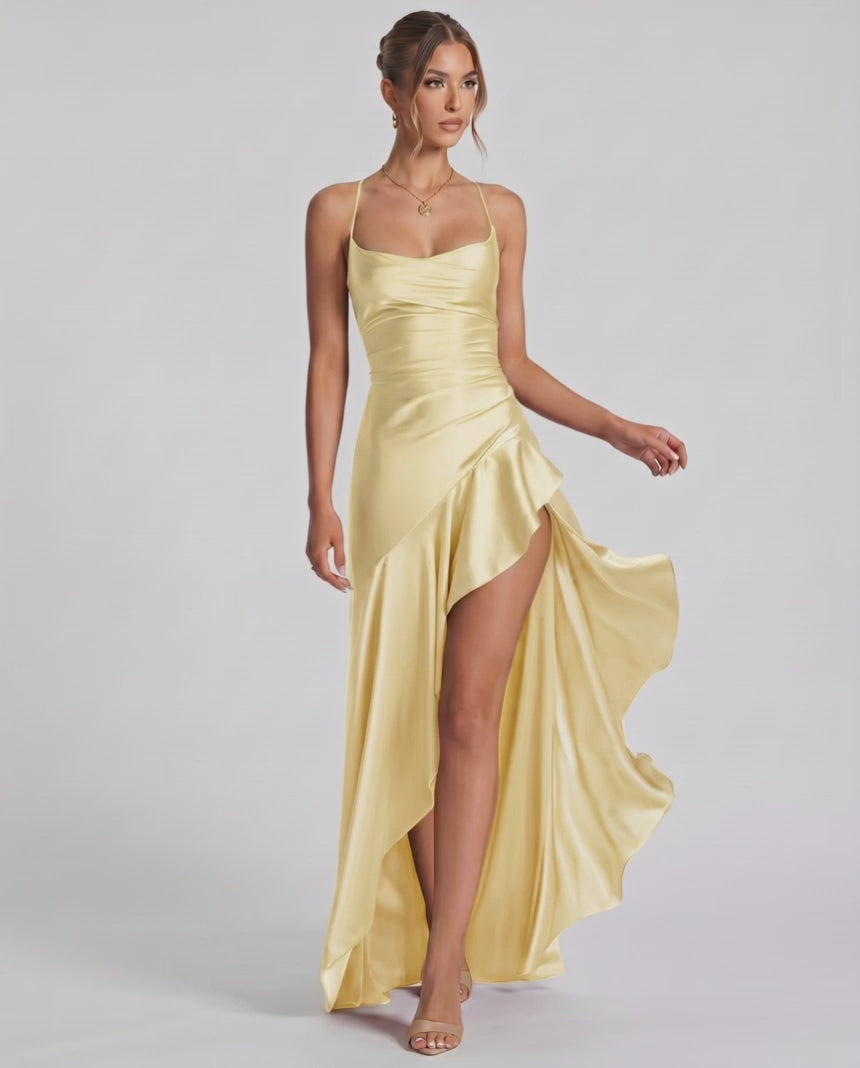 Veloura Maxi Dress by Lauven — satin spaghetti strap cowl neck bodycon maxi dress