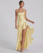 Veloura Maxi Dress by Lauven — satin spaghetti strap cowl neck bodycon maxi dress