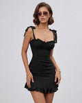 Raven Mini Dress by Lauven in Classic Black with Ruffle Details, adjustable spaghetti straps and feminine silhouette.
