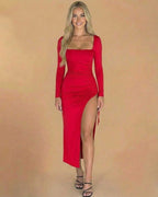 Ravenna Midi Dress by Lauven - Stylish red bodycon midi dress with long sleeves and a thigh-high slit.