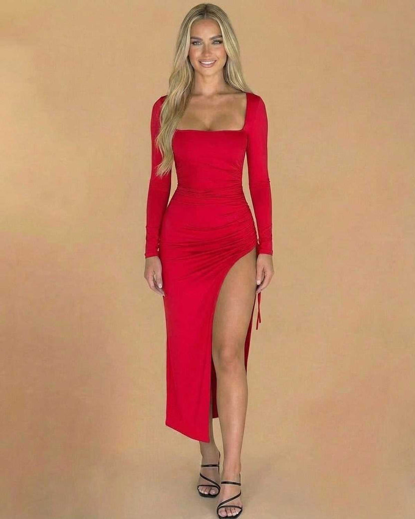 Ravenna Midi Dress by Lauven - Stylish red bodycon midi dress with long sleeves and a thigh-high slit.