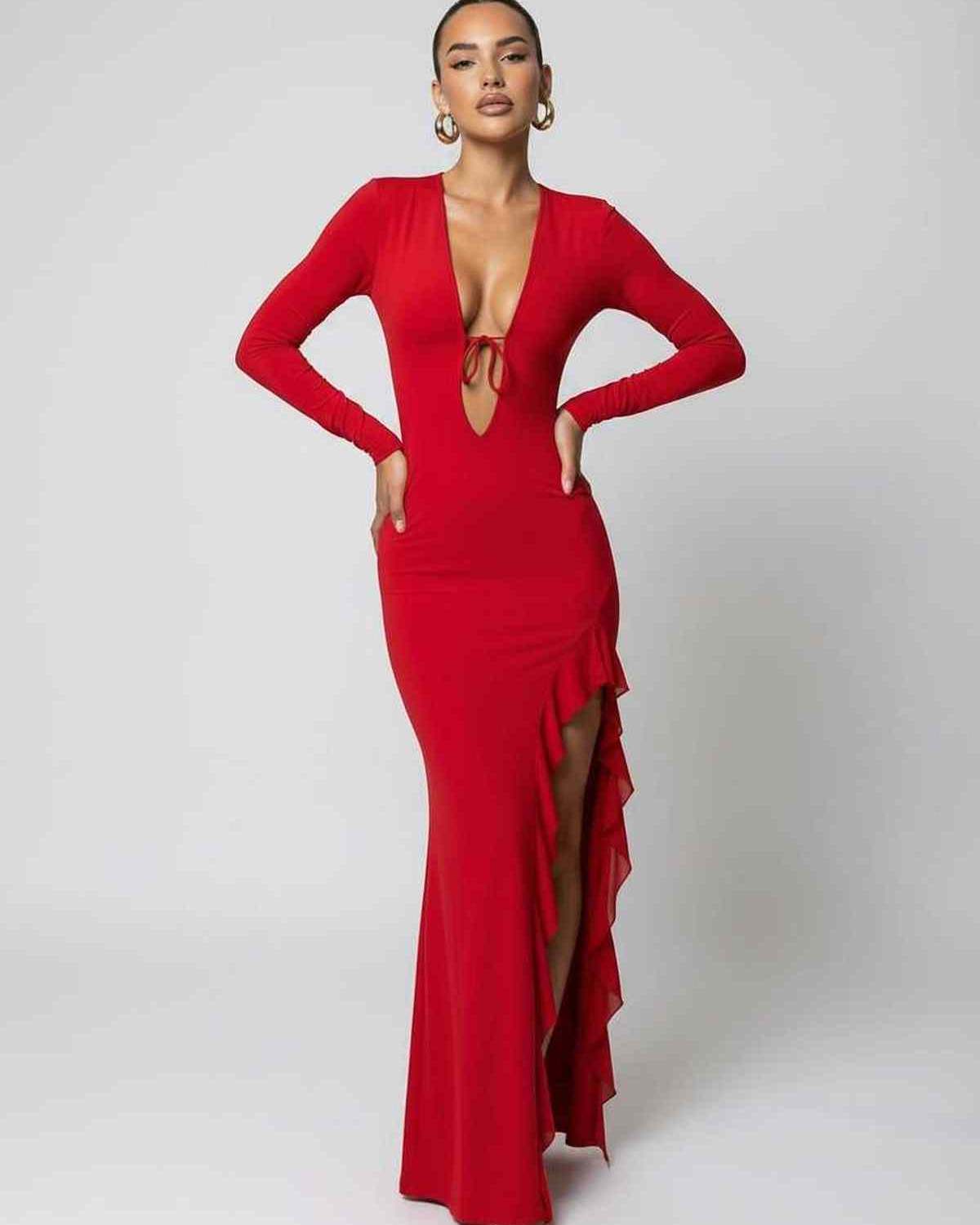 Valencia Maxi Dress in red featuring a deep V-neck, ruffle slit detail, and long sleeves by Lauven.