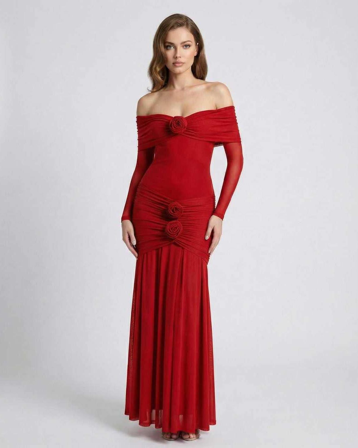 Rosalia Maxi Dress - Red Off Shoulder Maxi Dress with Sheer Long Sleeves by Lauven, showcasing elegance and vibrant style.