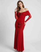 Rosalia Maxi Dress - Red off shoulder dress with sheer long sleeves, gathered details, and elegant floor-length silhouette by Lauven.