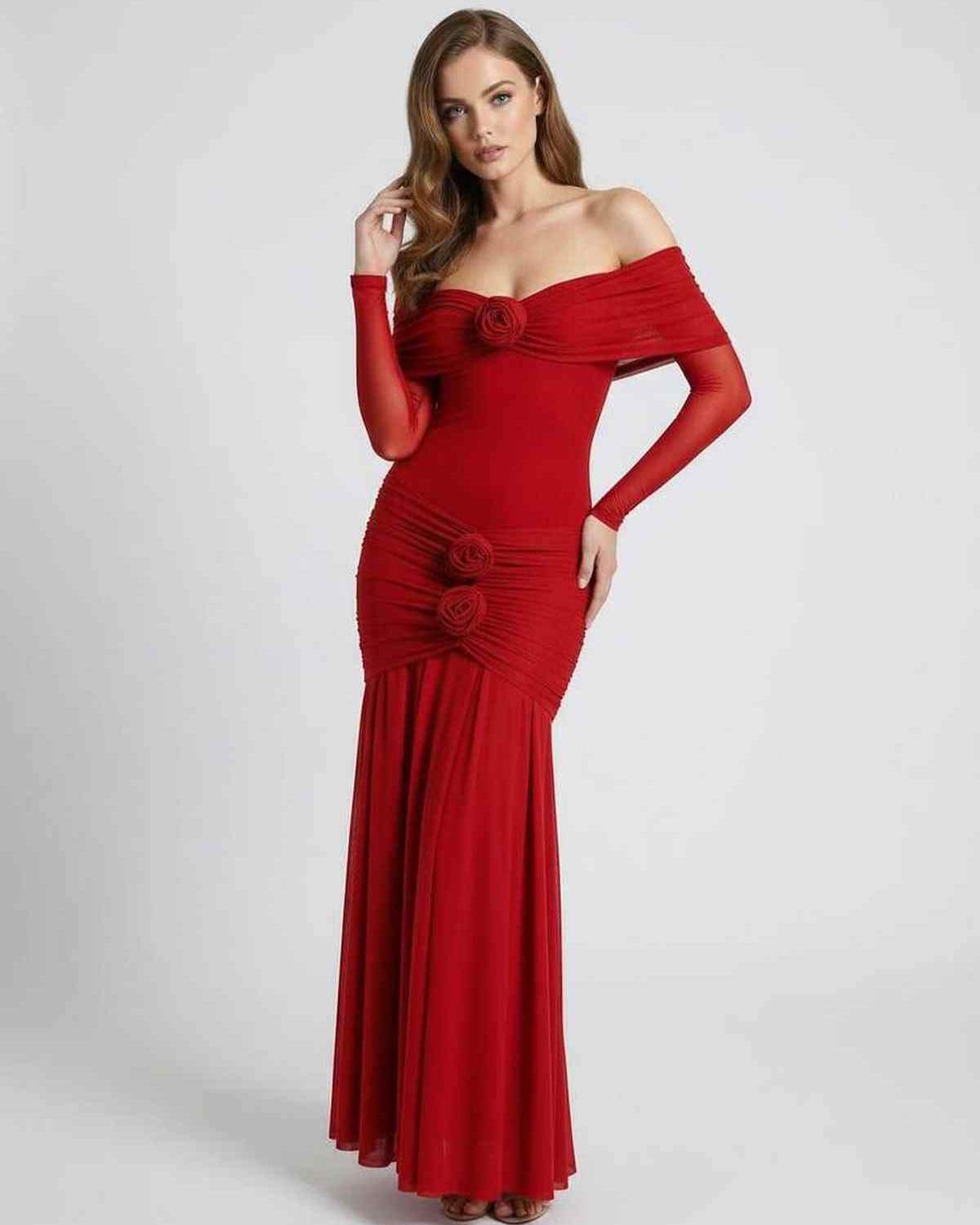Rosalia Maxi Dress - Red off shoulder dress with sheer long sleeves, gathered details, and elegant floor-length silhouette by Lauven.