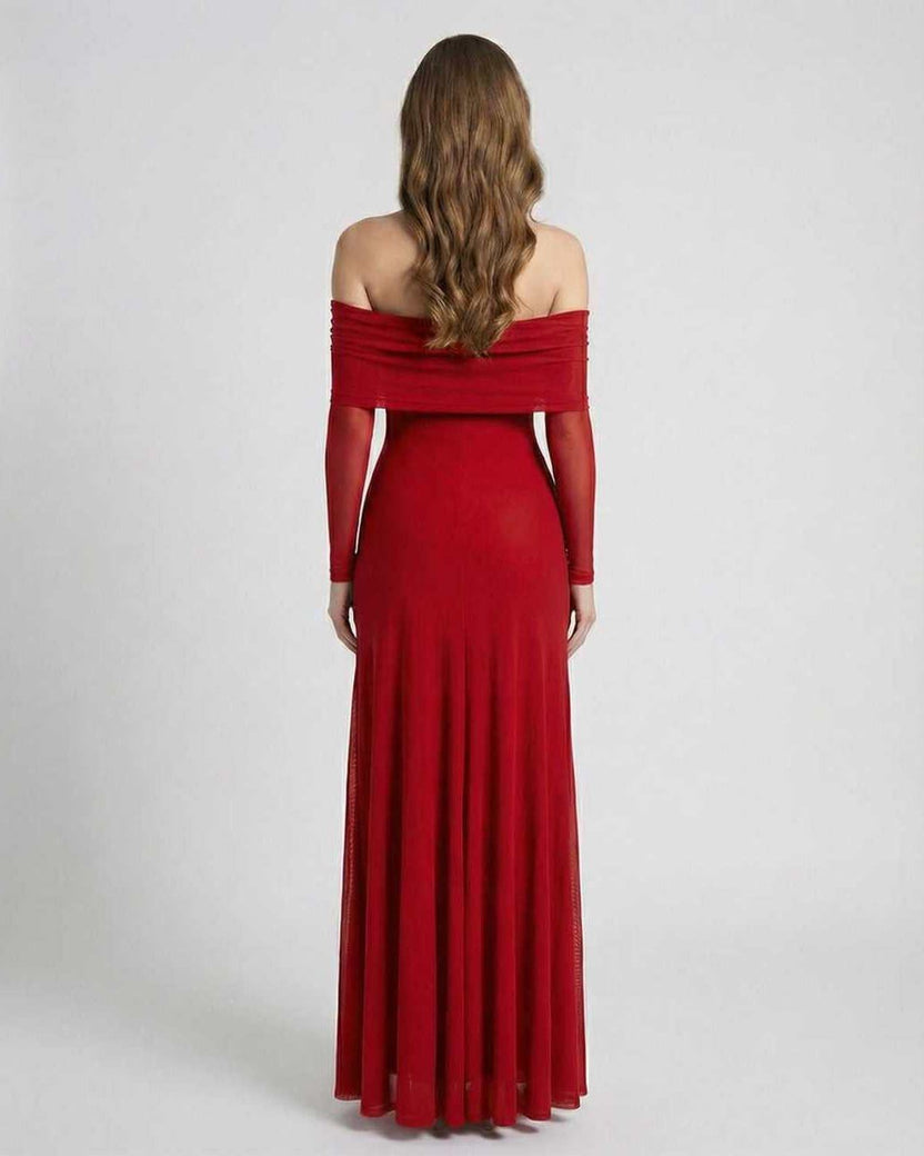 Rosalia Maxi Dress back view showcasing elegant red off shoulder design with sheer long sleeves by Lauven.