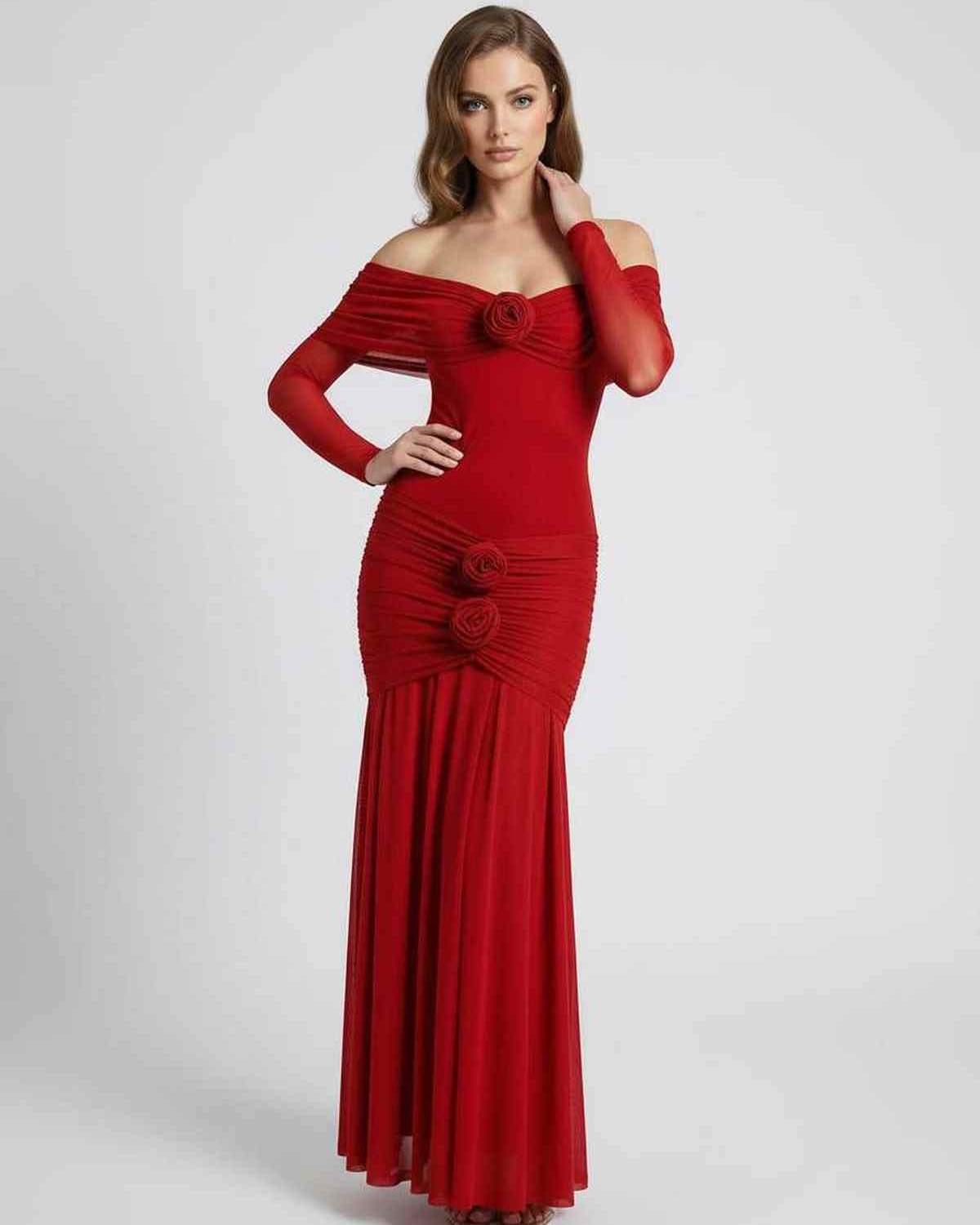 Rosalia Maxi Dress - Red off shoulder dress with sheer long sleeves, elegant floor-length fit from Lauven.