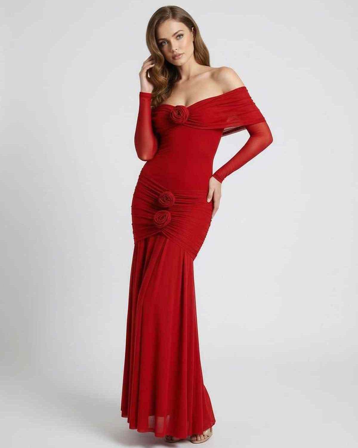 Rosalia Maxi Dress - Red Off Shoulder Maxi Dress with Sheer Long Sleeves by Lauven, elegant and flattering design.