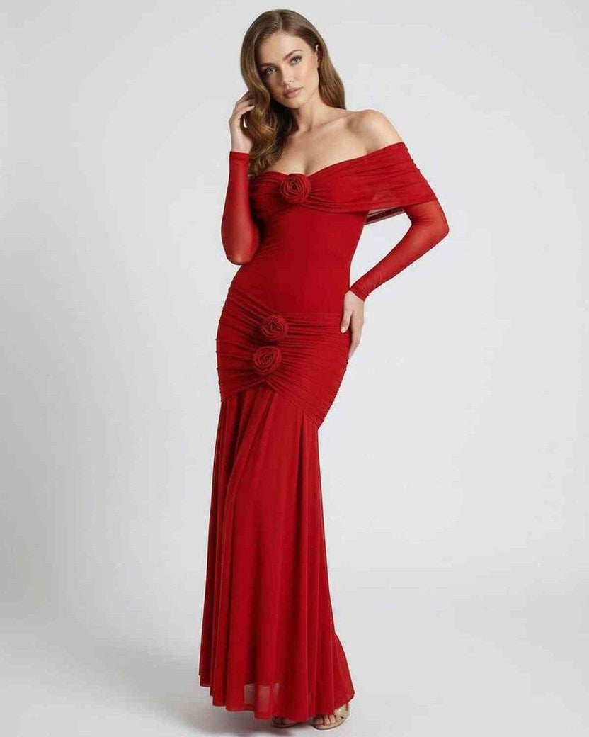Rosalia Maxi Dress - Red Off Shoulder Maxi Dress with Sheer Long Sleeves by Lauven, elegant and flattering design.