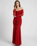Rosalia Maxi Dress - Red Off Shoulder Dress with Sheer Sleeves, Elegant Floor-Length Design by Lauven